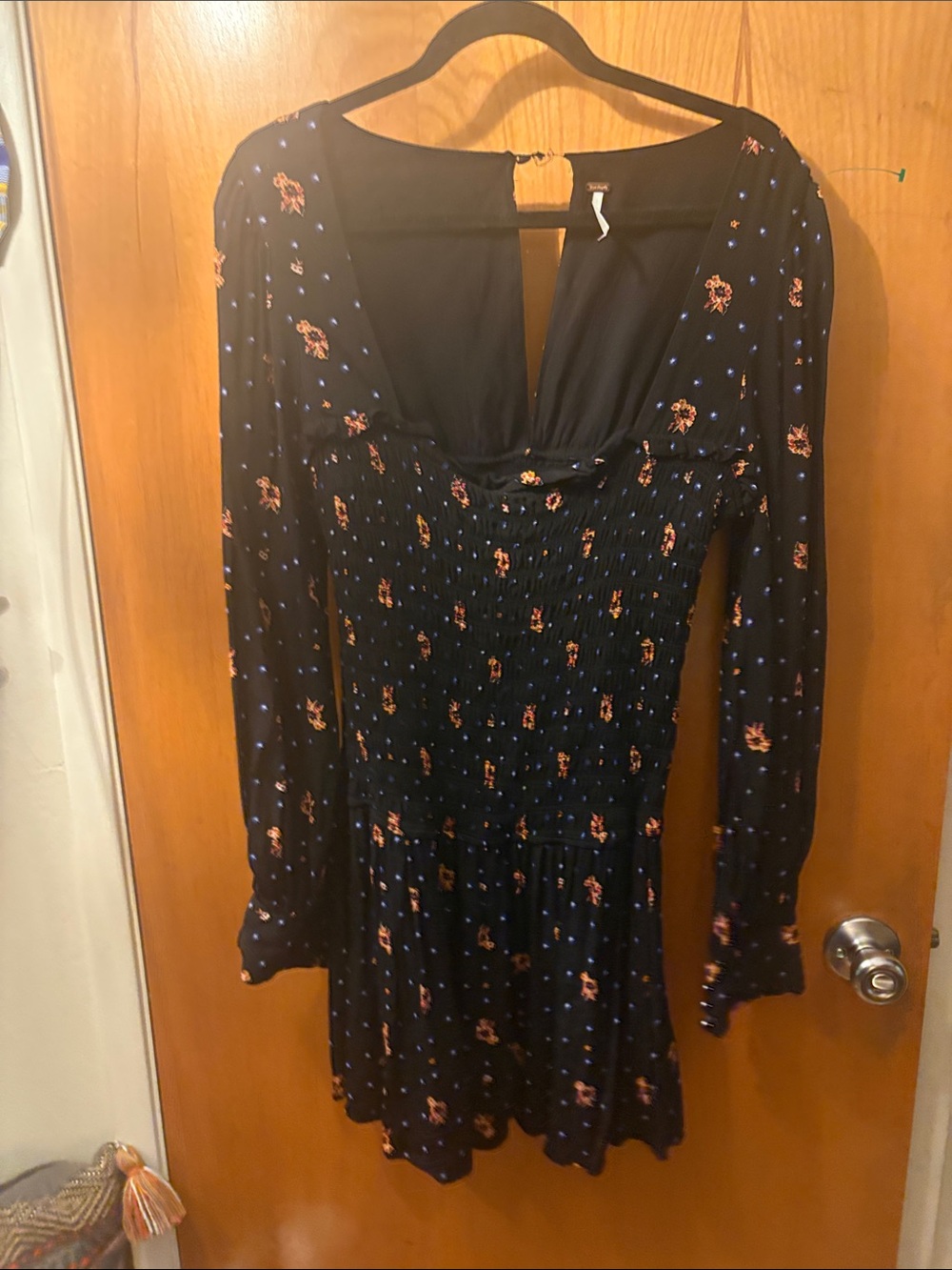 Long-Sleeve Black Floral Smocked Mini Dress